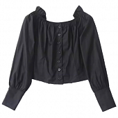 Картинка Блуза пуговицы открытые плечи на резинках рюши лямки-завязки бант от магазина LonnaMag