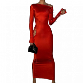 Картинка Платье красное макси стрейч длинный рукав разрезы со шнуровкой от магазина LonnaMag
