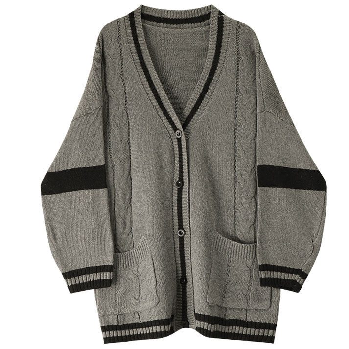 Картинка Кардиган серый oversize черные полосы 2 кармана от магазина LonnaMag
