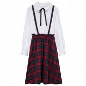 Платье школьное блуза длинный рукав + юбка красно-синяя клетка с подтяжками 