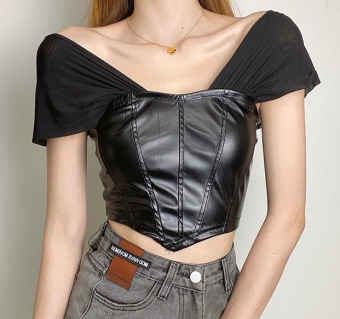 Топ экокожа сзади замок + широкие лямки из сетчатой ткани