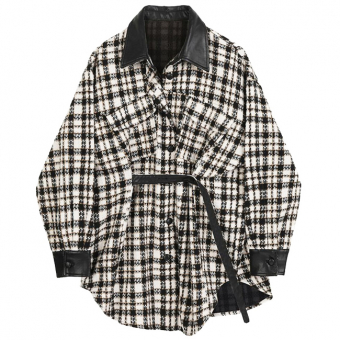 Рубашка oversize шерсть чб клетка кожаные детали пояс