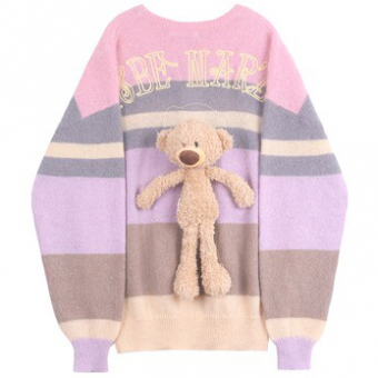 Свитер oversize полосы вышивка надпись + игрушка Медвеженок