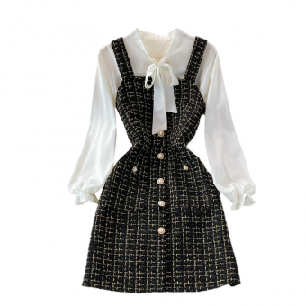 Костюм блуза на шее бант + платье твид жемчужные пуговицы