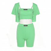 Картинка Комплект кардиган укороченный короткий рукав + топ + шорты нашивка от магазина LonnaMag