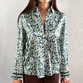 Картинка Рубашка хлопок зеленые цветы на бежевом 2 черные полосы из кружева от магазина LonnaMag